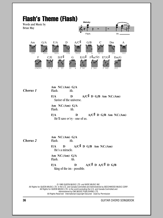 Queen Flash's Theme (Flash) Sheet Music Notes & Chords for Piano, Vocal & Guitar (Right-Hand Melody) - Download or Print PDF