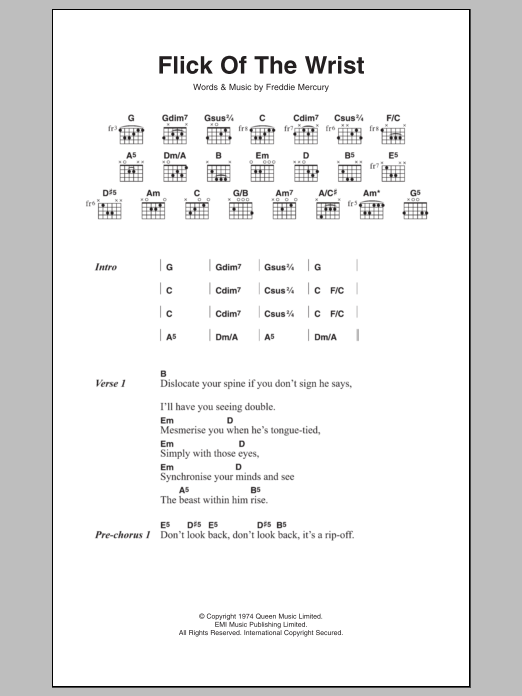 Queen Flick Of The Wrist Sheet Music Notes & Chords for Lyrics & Chords - Download or Print PDF