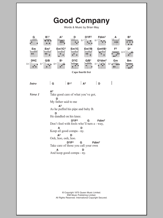 Queen Good Company Sheet Music Notes & Chords for Lyrics & Chords - Download or Print PDF