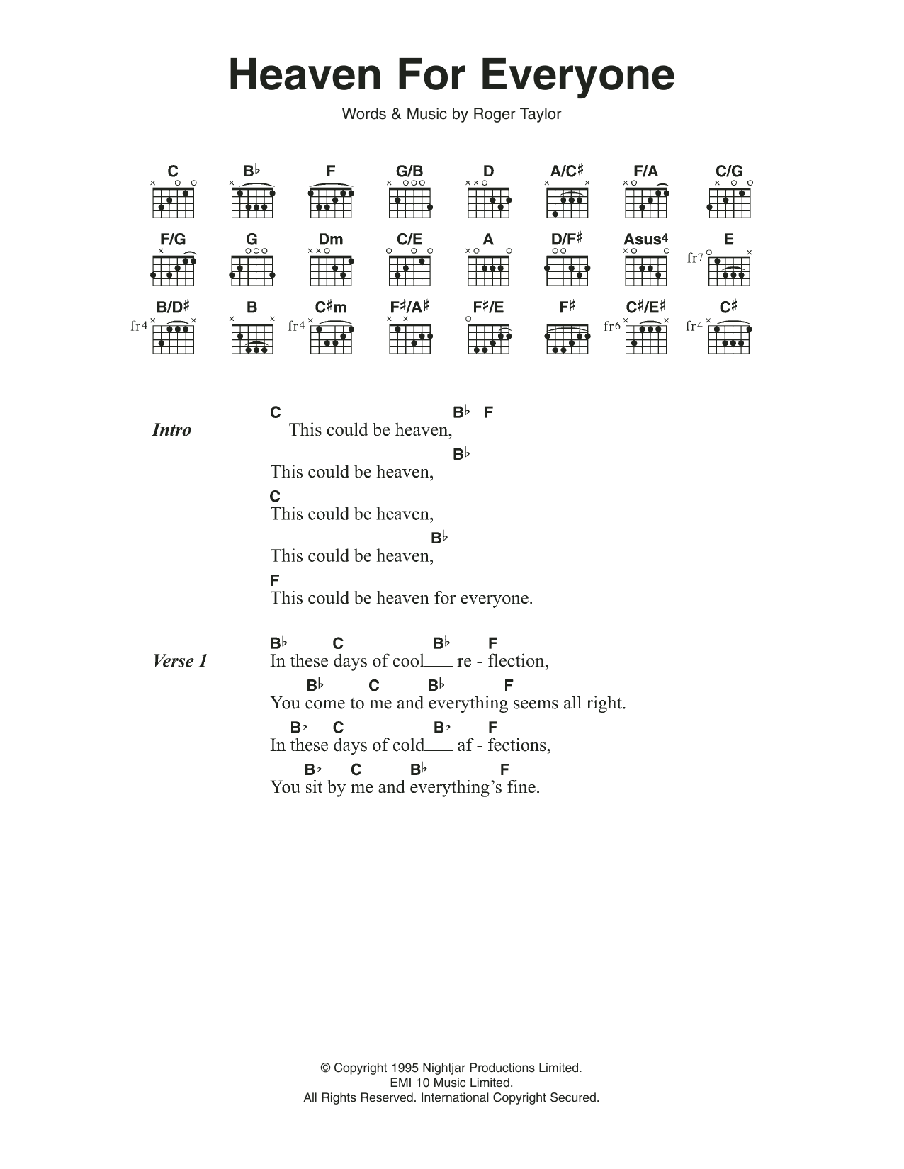 Queen Heaven For Everyone Sheet Music Notes & Chords for Lyrics & Chords - Download or Print PDF