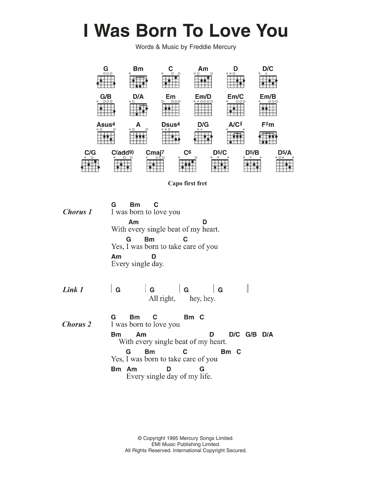 Queen I Was Born To Love You Sheet Music Notes & Chords for Lyrics & Chords - Download or Print PDF