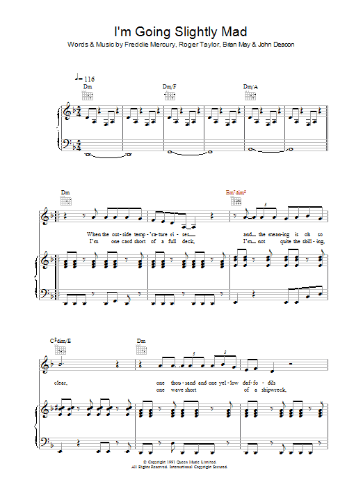 Queen I'm Going Slightly Mad Sheet Music Notes & Chords for Piano, Vocal & Guitar - Download or Print PDF