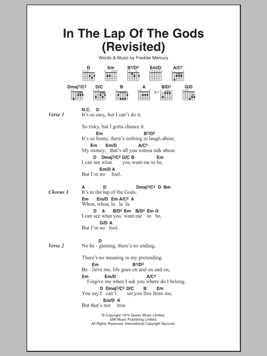 Queen In The Lap Of The Gods (Revisited) Sheet Music Notes & Chords for Lyrics & Chords - Download or Print PDF