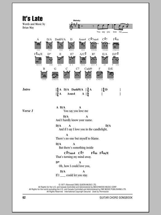 Queen It's Late Sheet Music Notes & Chords for Piano, Vocal & Guitar (Right-Hand Melody) - Download or Print PDF