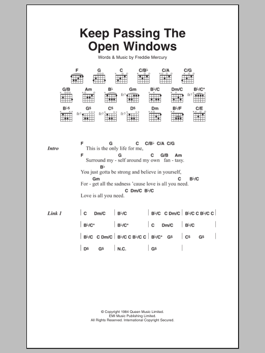 Queen Keep Passing The Open Windows Sheet Music Notes & Chords for Lyrics & Chords - Download or Print PDF