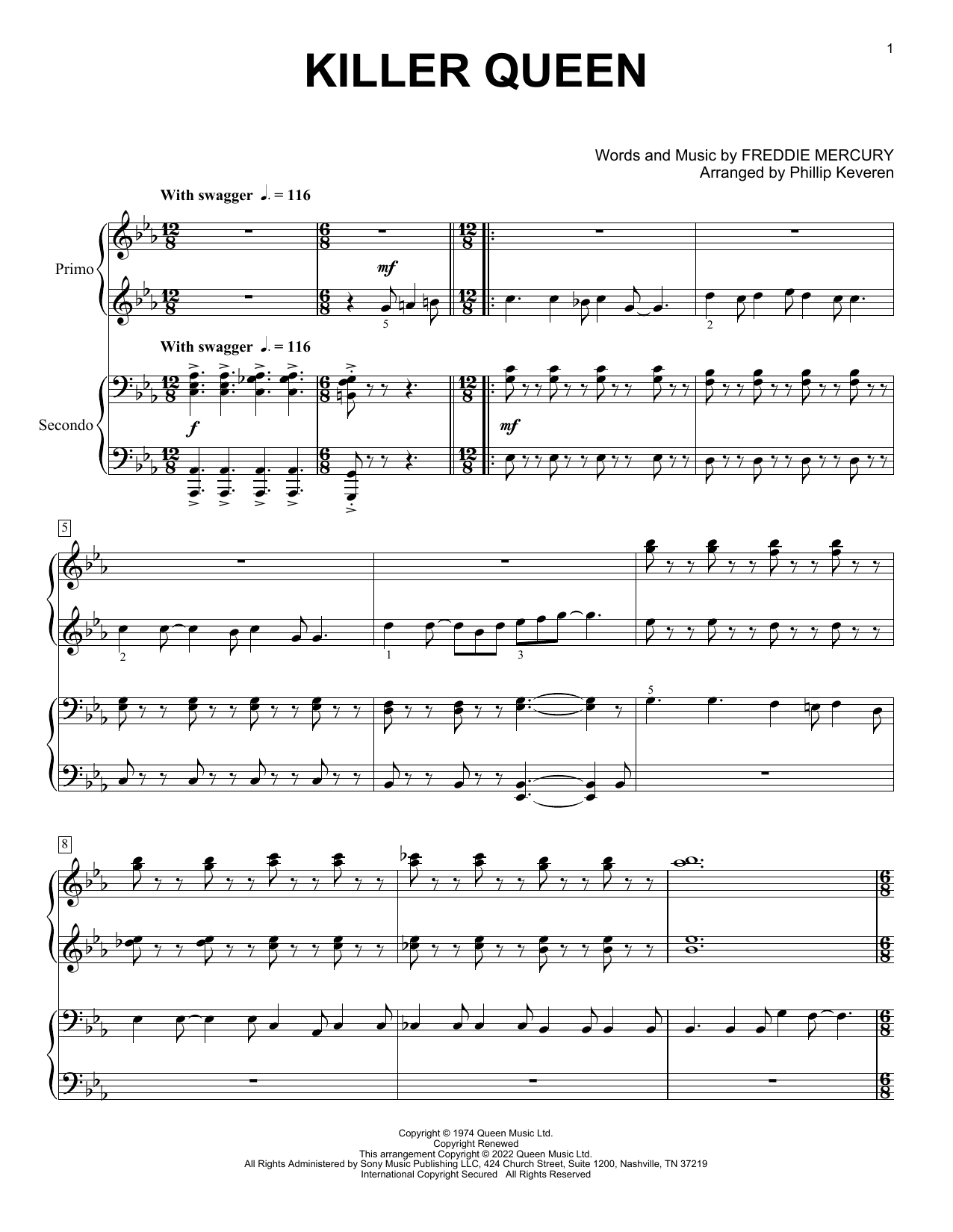 Queen Killer Queen (arr. Phillip Keveren) Sheet Music Notes & Chords for Piano Duet - Download or Print PDF