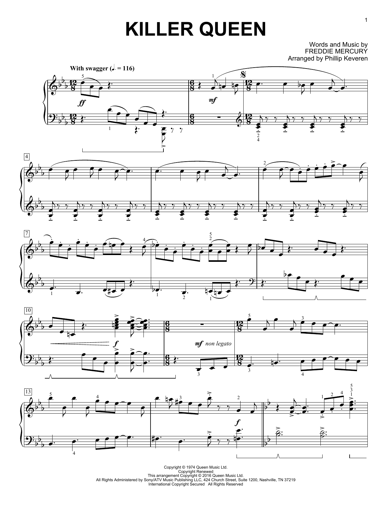 Queen Killer Queen [Classical version] (arr. Phillip Keveren) Sheet Music Notes & Chords for Piano - Download or Print PDF