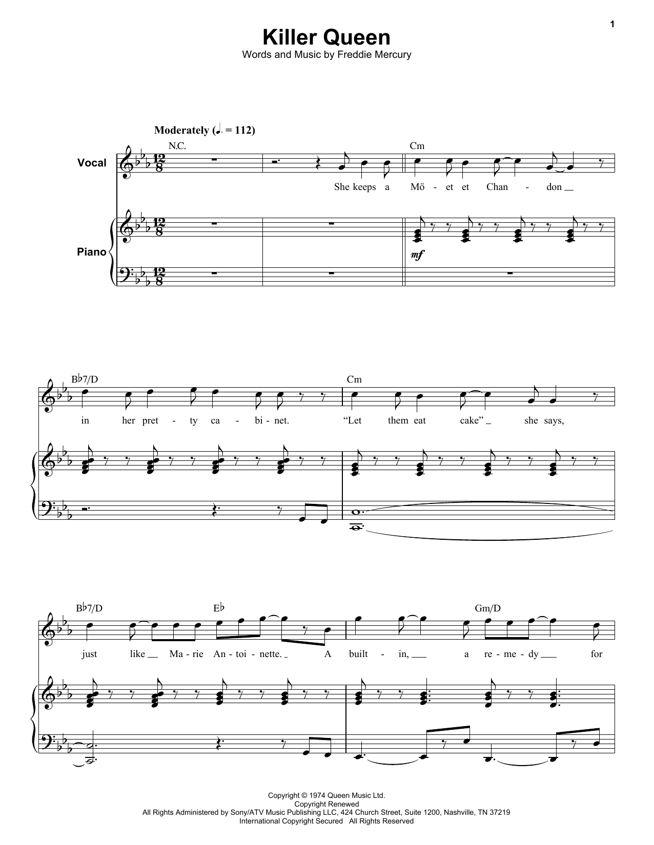 Queen Killer Queen Sheet Music Notes & Chords for Piano & Vocal - Download or Print PDF