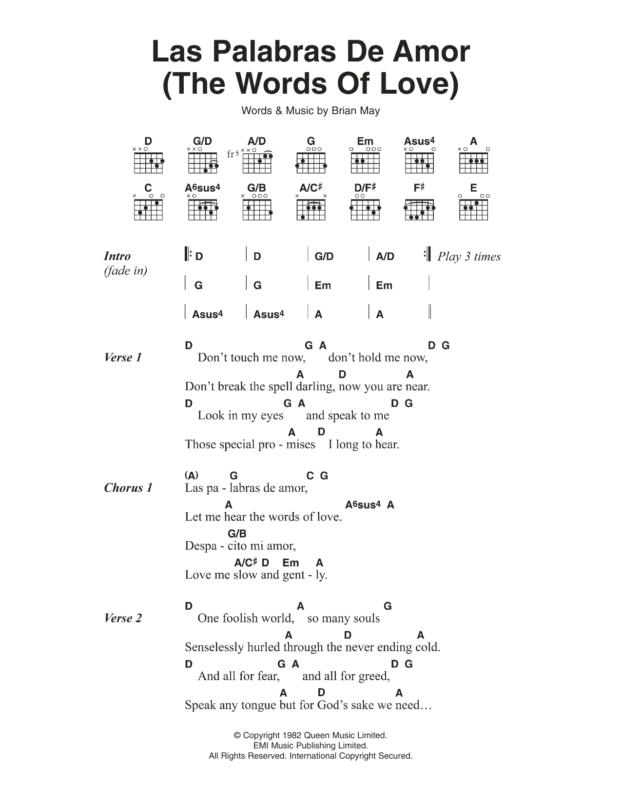 Queen Las Palabras De Amor (The Words Of Love) Sheet Music Notes & Chords for Lyrics & Chords - Download or Print PDF