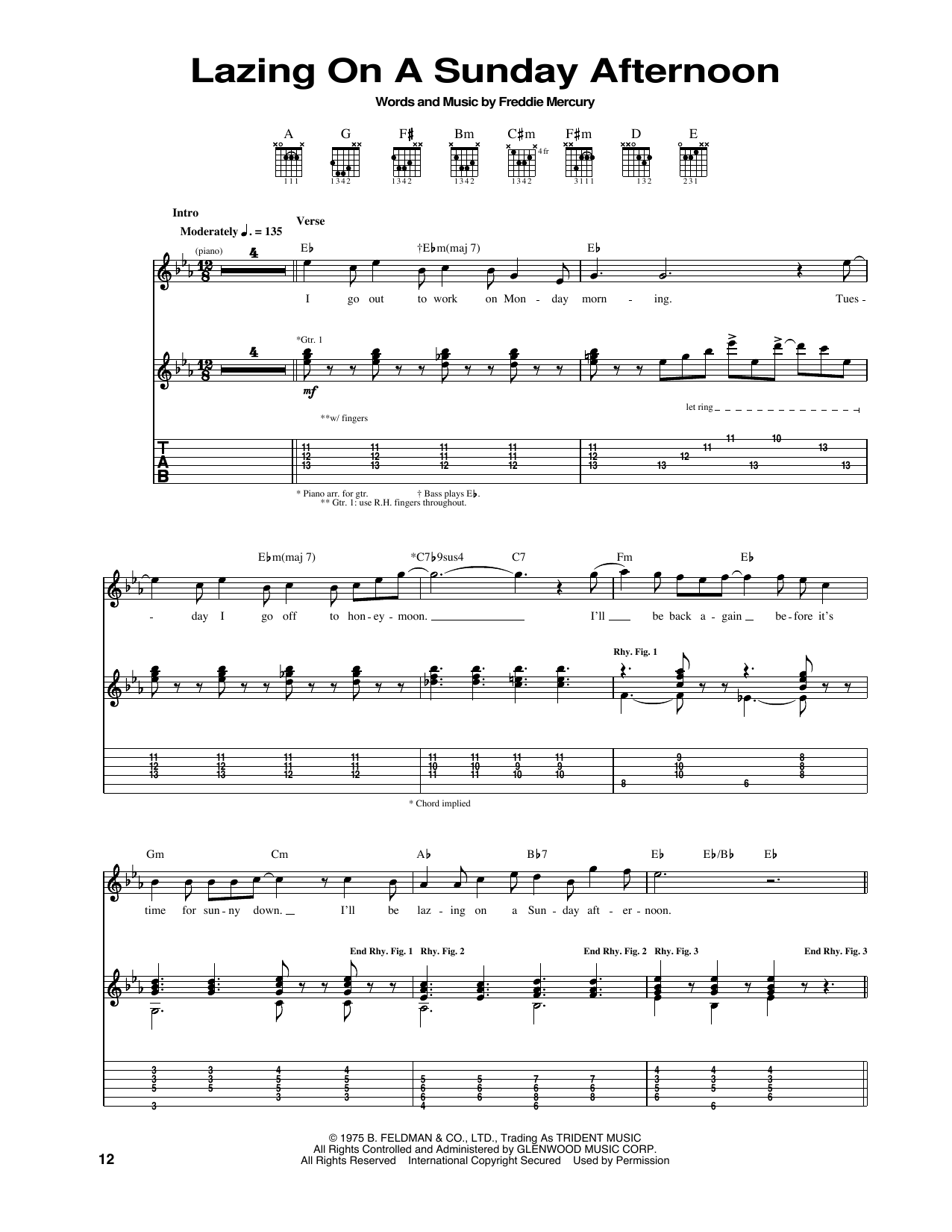 Queen Lazing On A Sunday Afternoon Sheet Music Notes & Chords for Lyrics & Chords - Download or Print PDF