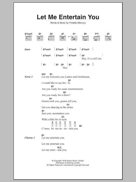 Queen Let Me Entertain You Sheet Music Notes & Chords for Lyrics & Chords - Download or Print PDF