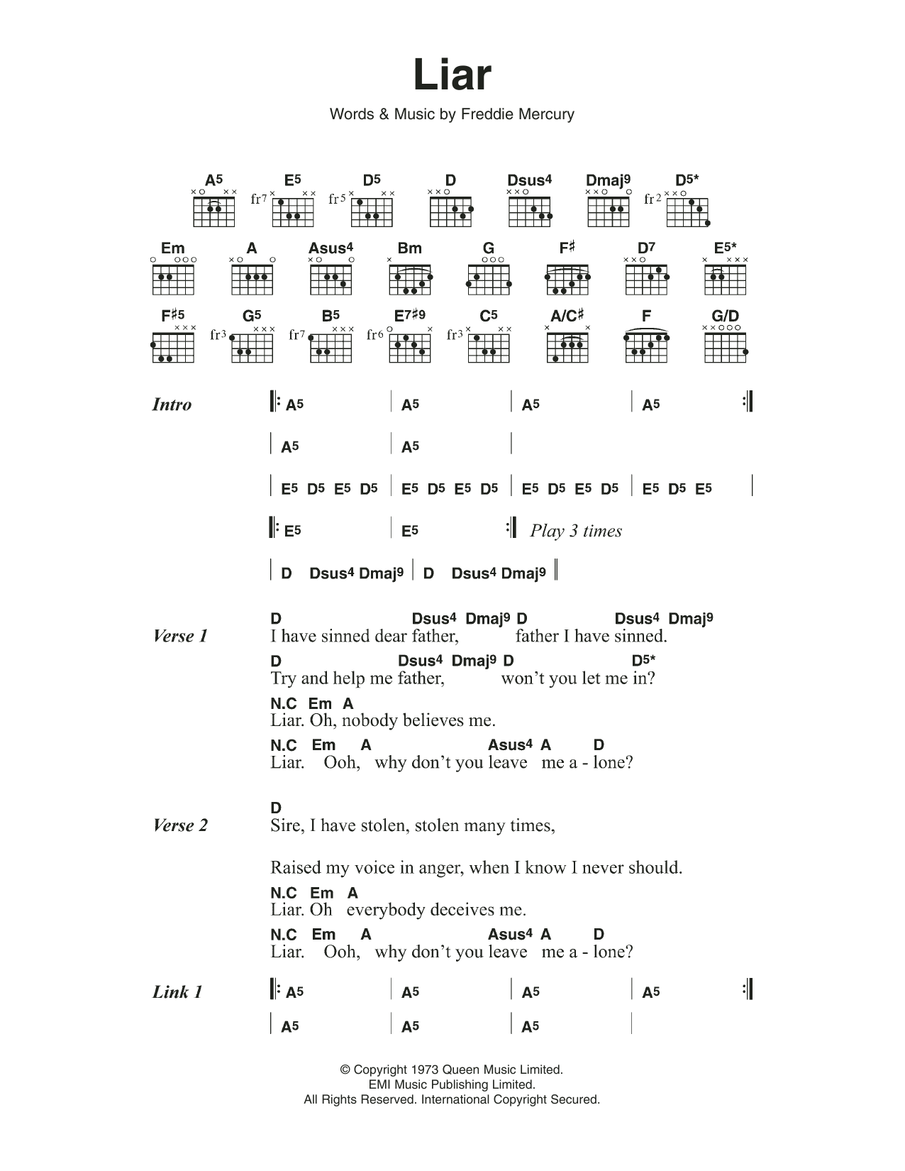 Queen Liar Sheet Music Notes & Chords for Lyrics & Chords - Download or Print PDF