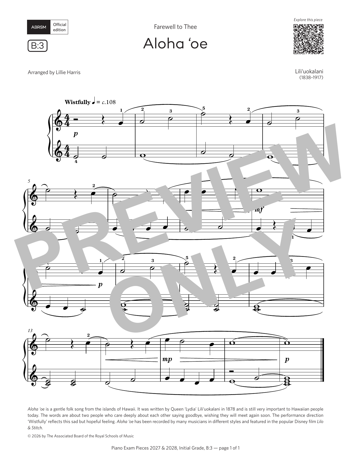 Queen Lili'uokalani Aloha 'oe (Grade Initial, list B3, from the ABRSM Piano Syllabus 2027 & 2028) Sheet Music Notes & Chords for Piano Solo - Download or Print PDF