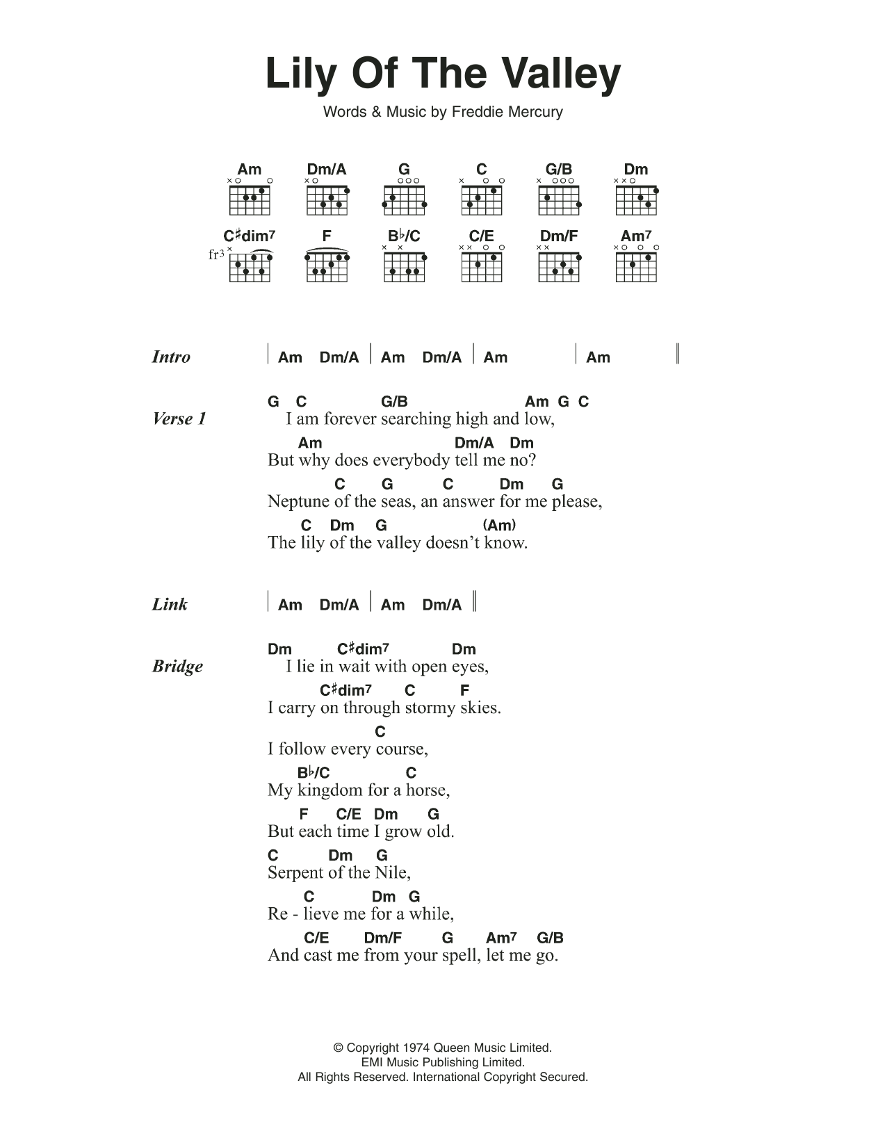 Queen Lily Of The Valley Sheet Music Notes & Chords for Lyrics & Chords - Download or Print PDF