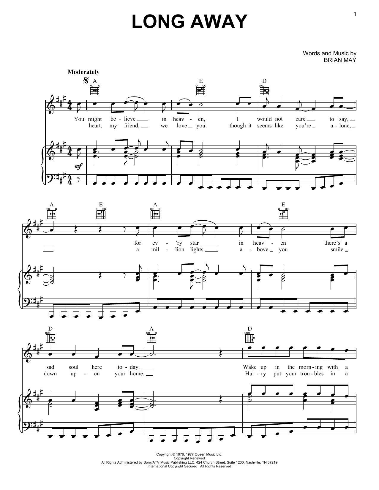 Queen Long Away Sheet Music Notes & Chords for Piano, Vocal & Guitar (Right-Hand Melody) - Download or Print PDF