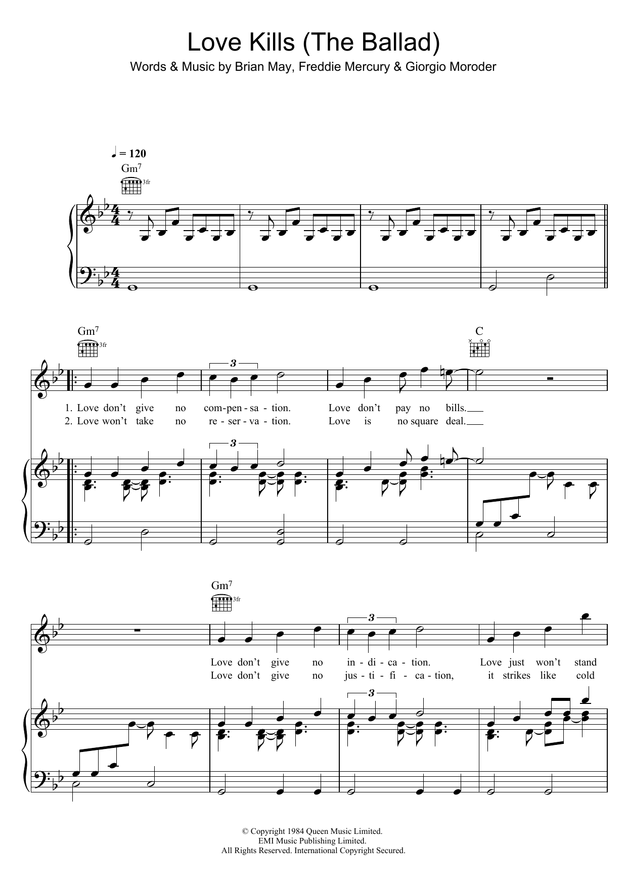 Queen Love Kills (The Ballad) Sheet Music Notes & Chords for Piano, Vocal & Guitar (Right-Hand Melody) - Download or Print PDF