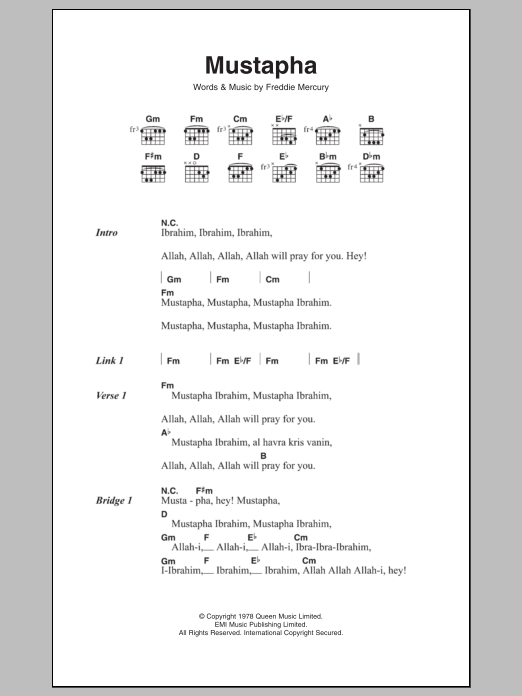 Queen Mustapha Sheet Music Notes & Chords for Lyrics & Chords - Download or Print PDF