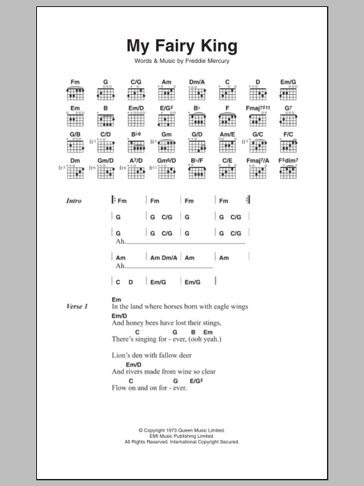 Queen My Fairy King Sheet Music Notes & Chords for Lyrics & Chords - Download or Print PDF