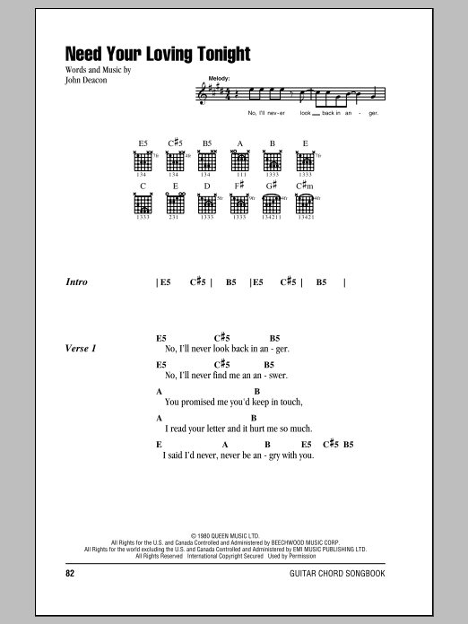 Queen Need Your Loving Tonight Sheet Music Notes & Chords for Lyrics & Chords - Download or Print PDF