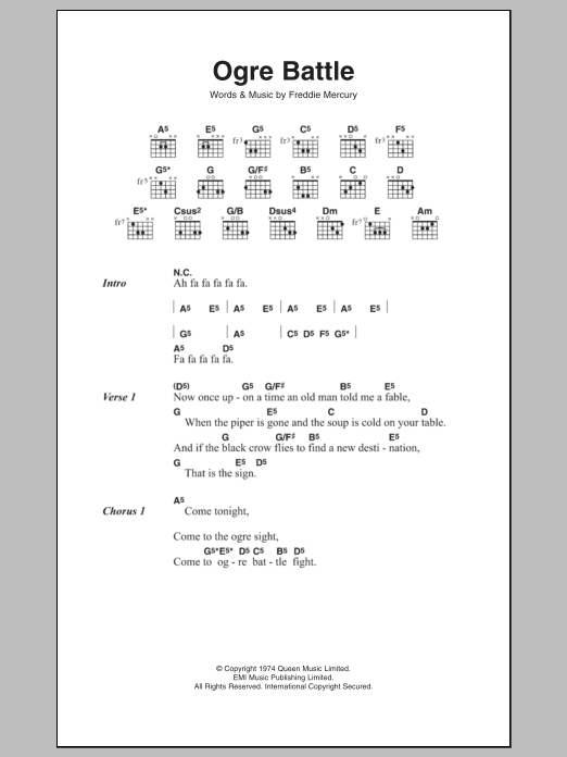 Queen Ogre Battle Sheet Music Notes & Chords for Lyrics & Chords - Download or Print PDF