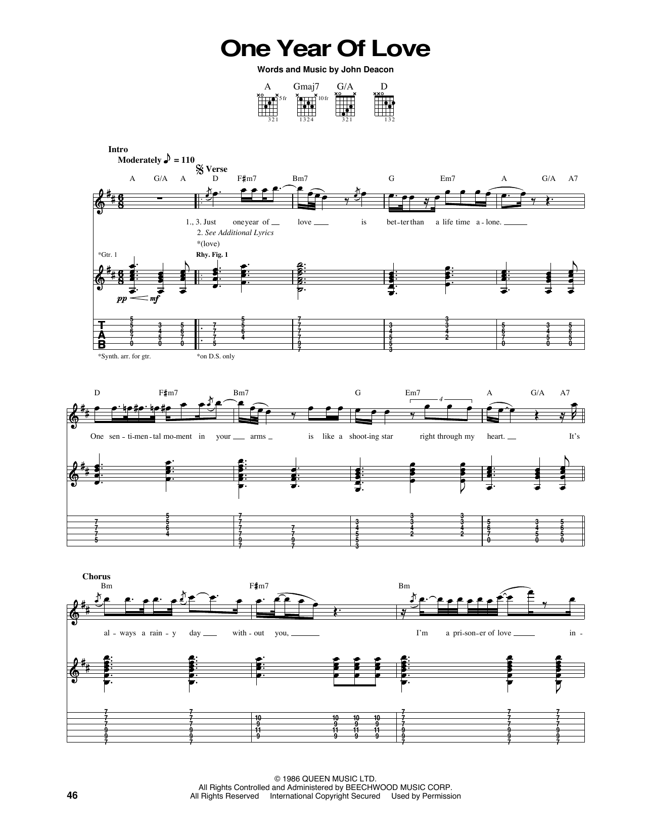 Queen One Year Of Love Sheet Music Notes & Chords for Guitar Tab - Download or Print PDF