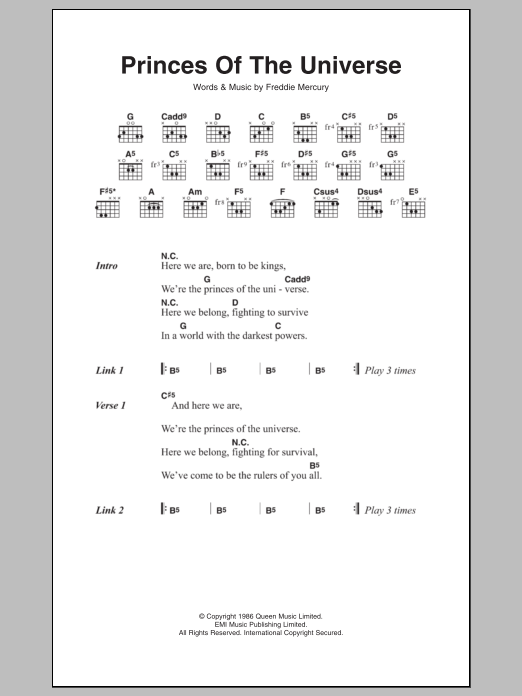 Queen Princes Of The Universe Sheet Music Notes & Chords for Lyrics & Chords - Download or Print PDF