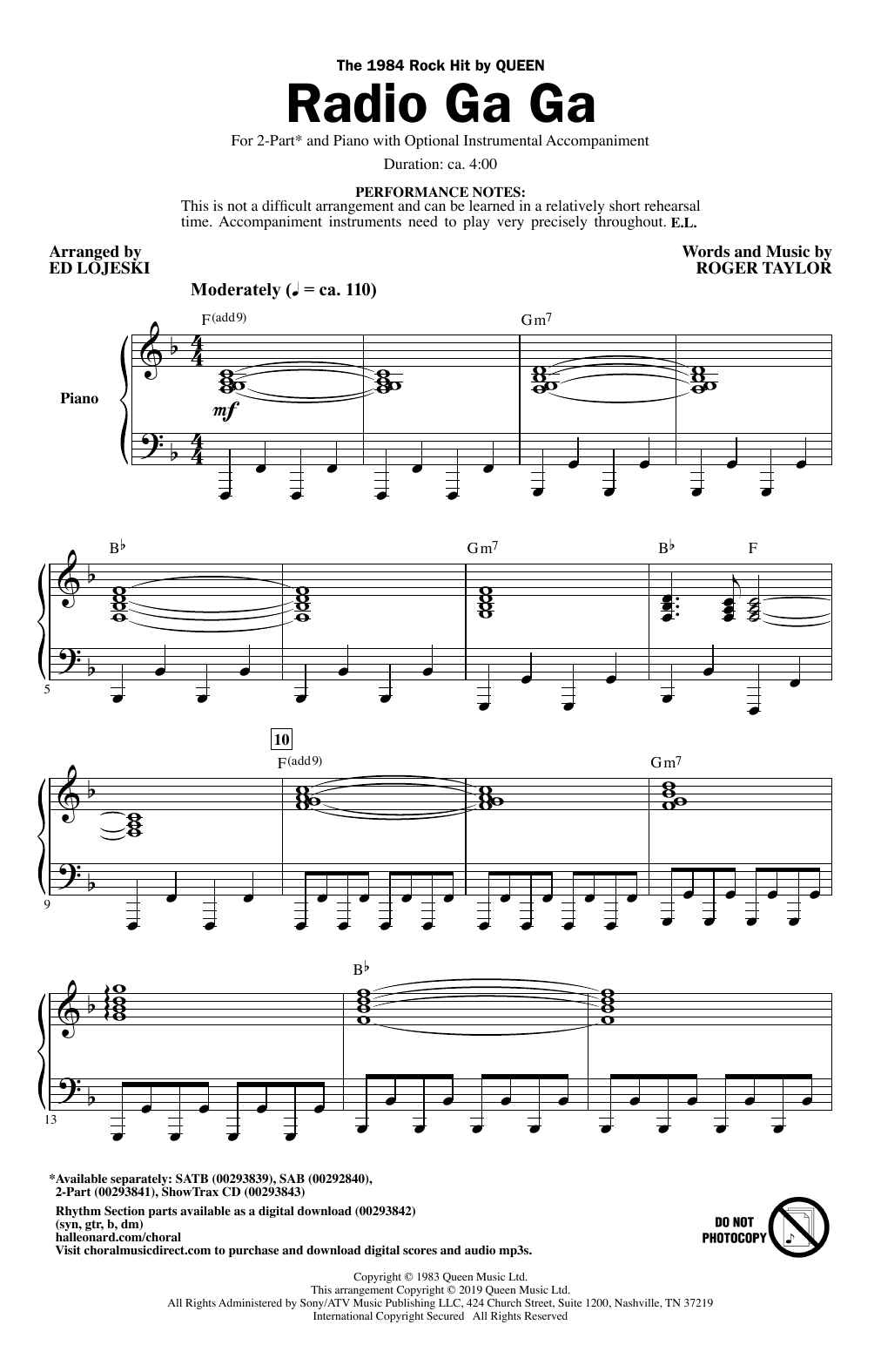 Queen Radio Ga Ga (arr. Ed Lojeski) Sheet Music Notes & Chords for 2-Part Choir - Download or Print PDF