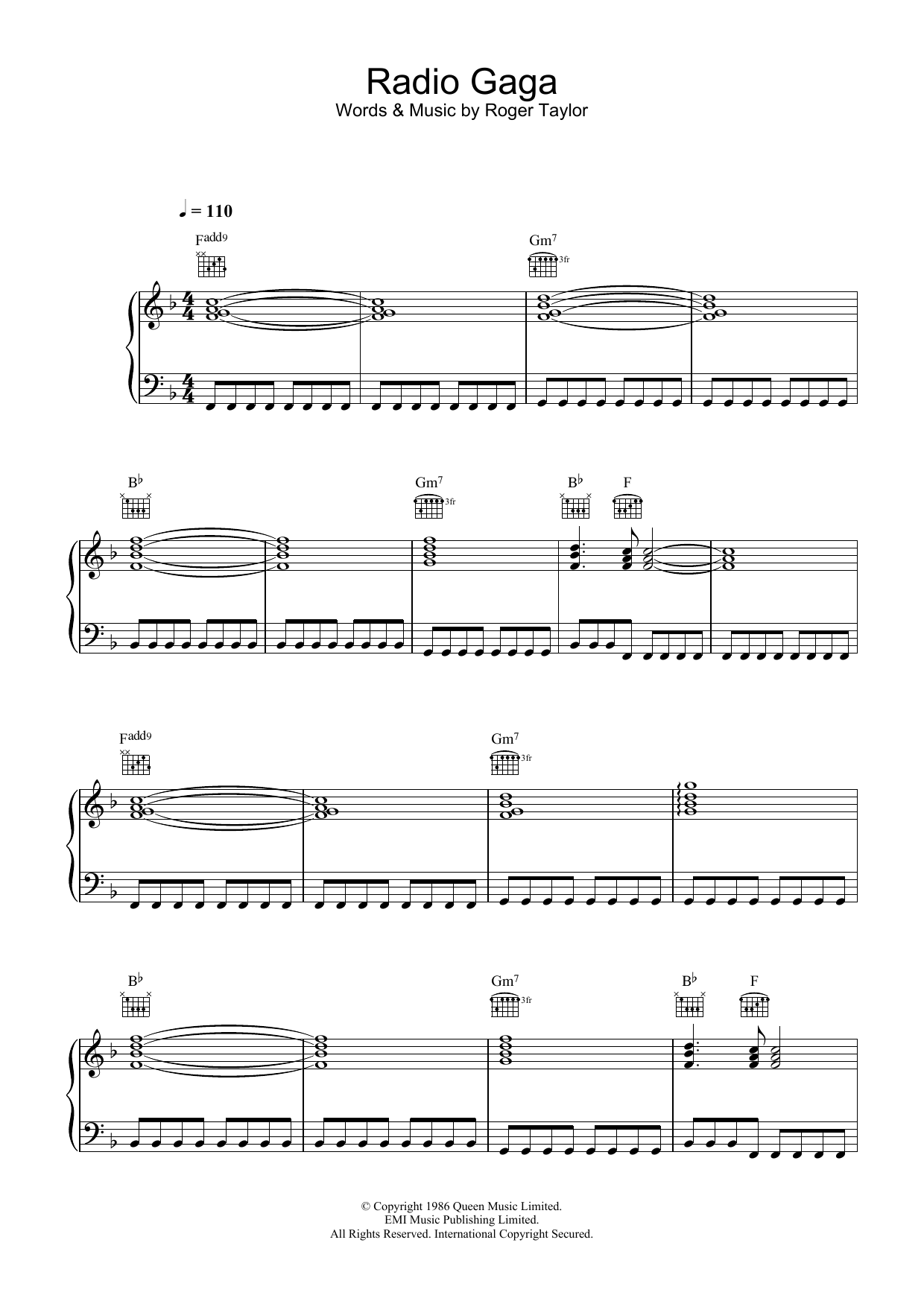 Queen Radio Ga Ga Sheet Music Notes & Chords for Piano, Vocal & Guitar (Right-Hand Melody) - Download or Print PDF
