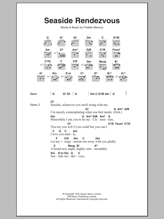 Queen Seaside Rendezvous Sheet Music Notes & Chords for Lyrics & Chords - Download or Print PDF