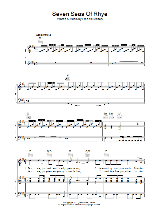 Queen Seven Seas Of Rhye Sheet Music Notes & Chords for Lyrics & Chords - Download or Print PDF