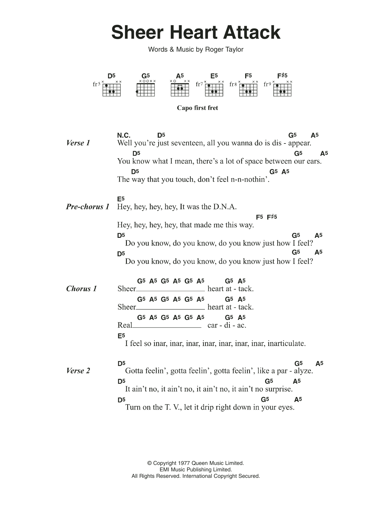 Queen Sheer Heart Attack Sheet Music Notes & Chords for Lyrics & Chords - Download or Print PDF