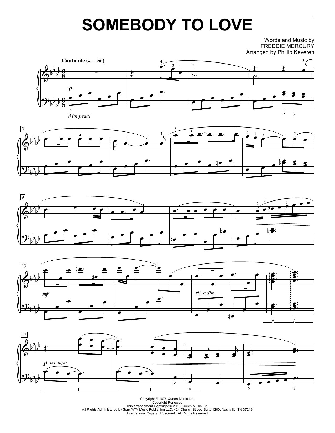Queen Somebody To Love [Classical version] (arr. Phillip Keveren) Sheet Music Notes & Chords for Piano - Download or Print PDF