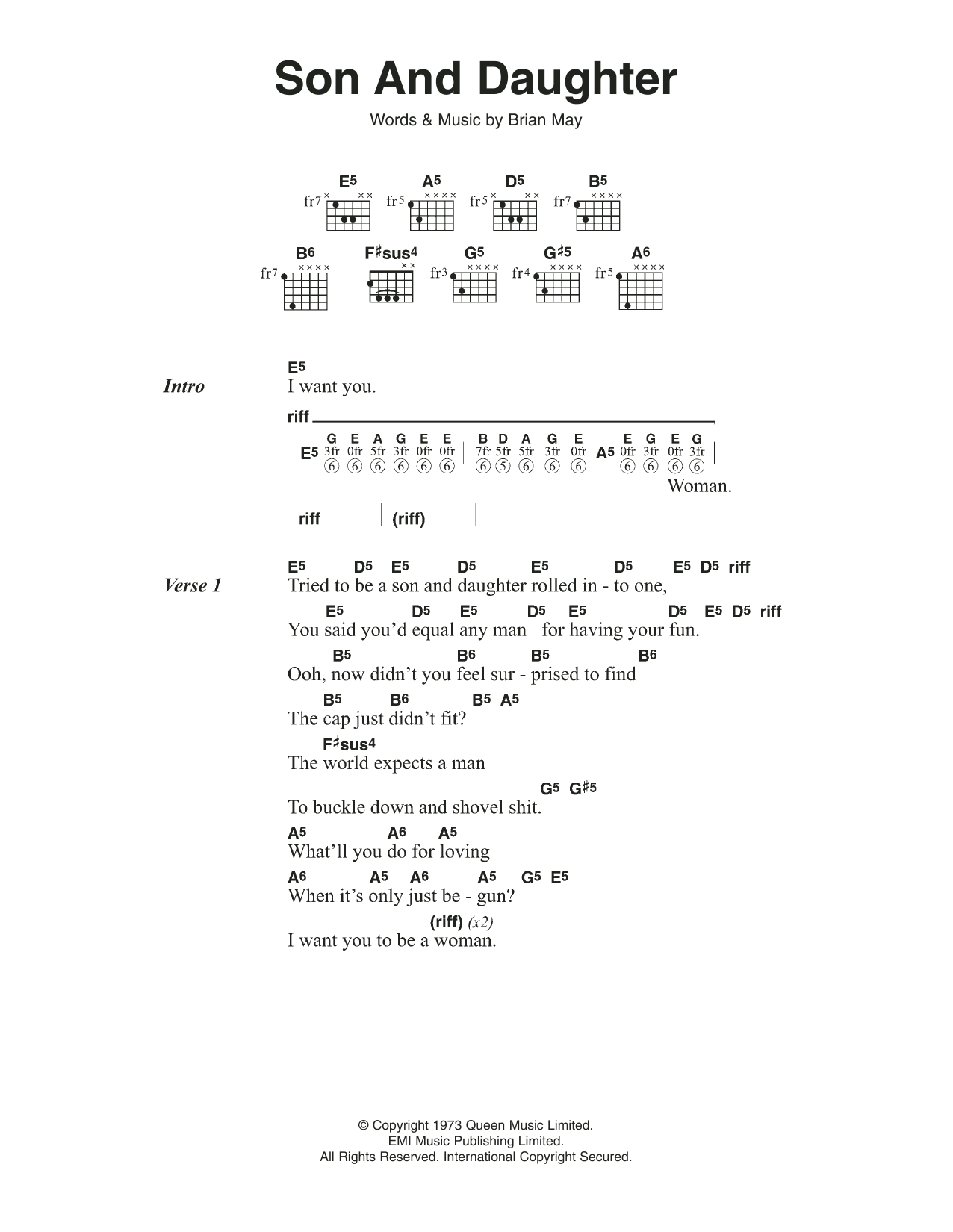 Queen Son And Daughter Sheet Music Notes & Chords for Lyrics & Chords - Download or Print PDF