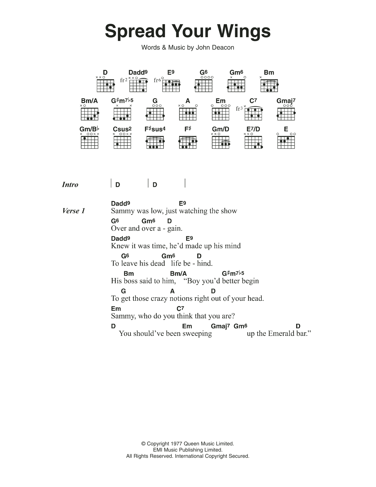 Queen Spread Your Wings Sheet Music Notes & Chords for Lyrics & Chords - Download or Print PDF