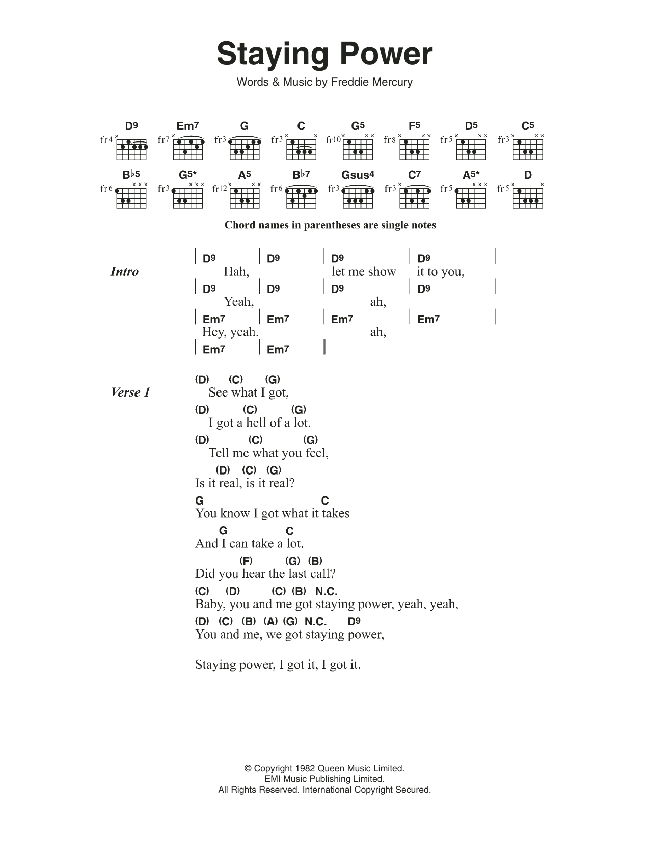 Queen Staying Power Sheet Music Notes & Chords for Lyrics & Chords - Download or Print PDF