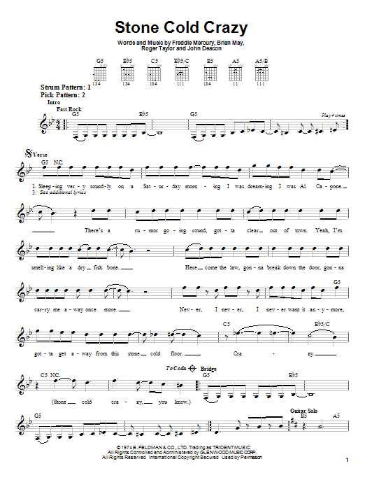 Queen Stone Cold Crazy Sheet Music Notes & Chords for Guitar Tab Play-Along - Download or Print PDF
