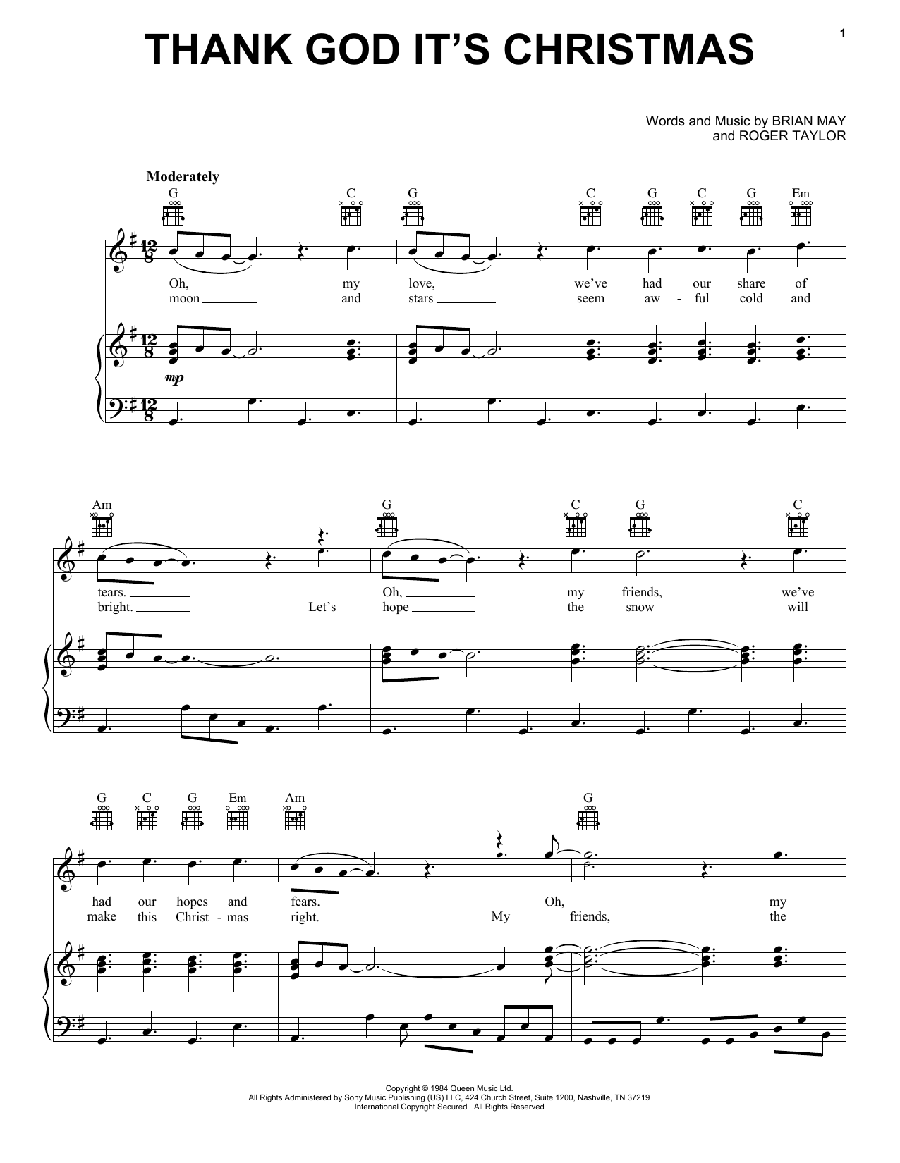 Queen Thank God It's Christmas Sheet Music Notes & Chords for Transcribed Score - Download or Print PDF