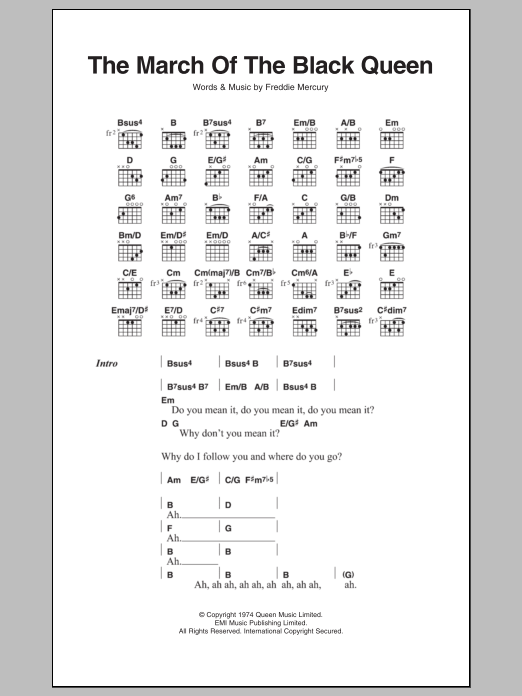 Queen The March Of The Black Queen Sheet Music Notes & Chords for Lyrics & Chords - Download or Print PDF