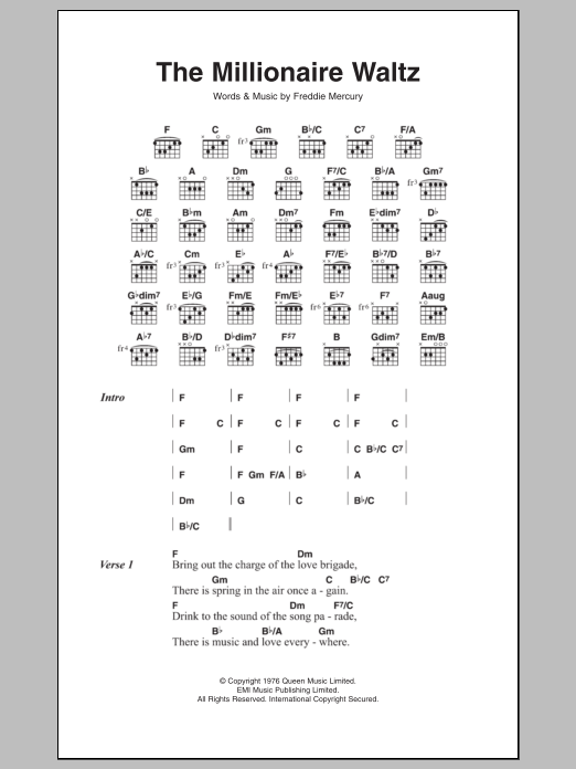 Queen The Millionaire Waltz Sheet Music Notes & Chords for Lyrics & Chords - Download or Print PDF