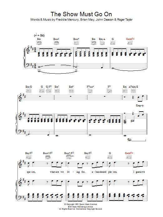 Queen The Show Must Go On Sheet Music Notes & Chords for Piano, Vocal & Guitar (Right-Hand Melody) - Download or Print PDF