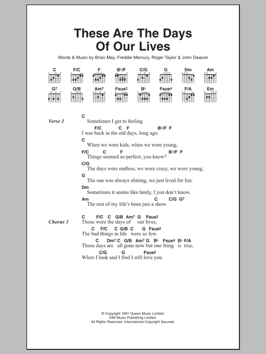 Queen These Are The Days Of Our Lives Sheet Music Notes & Chords for Lyrics & Chords - Download or Print PDF