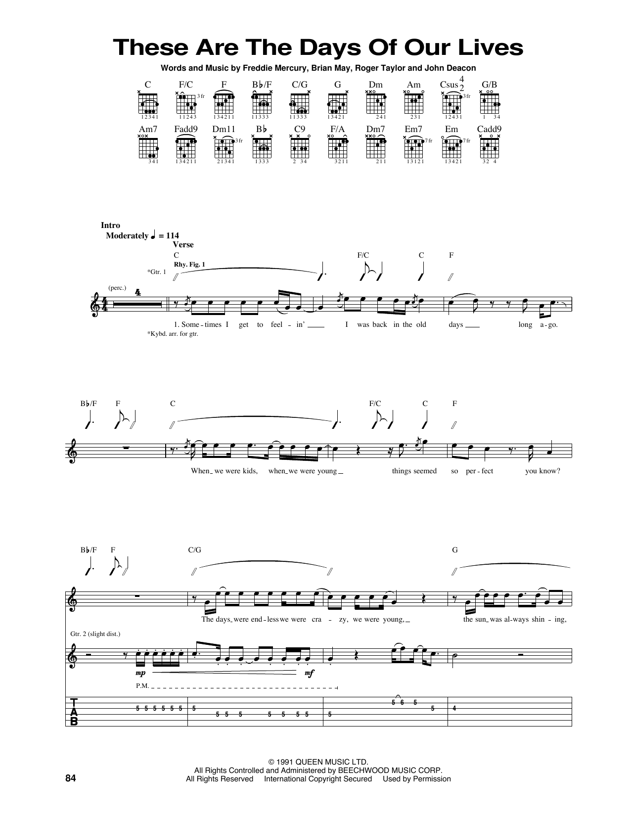Queen These Are The Days Of Our Lives Sheet Music Notes & Chords for Lyrics & Chords - Download or Print PDF