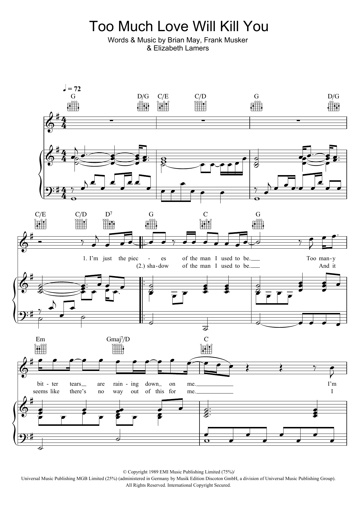 Queen Too Much Love Will Kill You Sheet Music Notes & Chords for Beginner Piano - Download or Print PDF