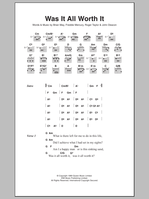 Queen Was It All Worth It Sheet Music Notes & Chords for Lyrics & Chords - Download or Print PDF