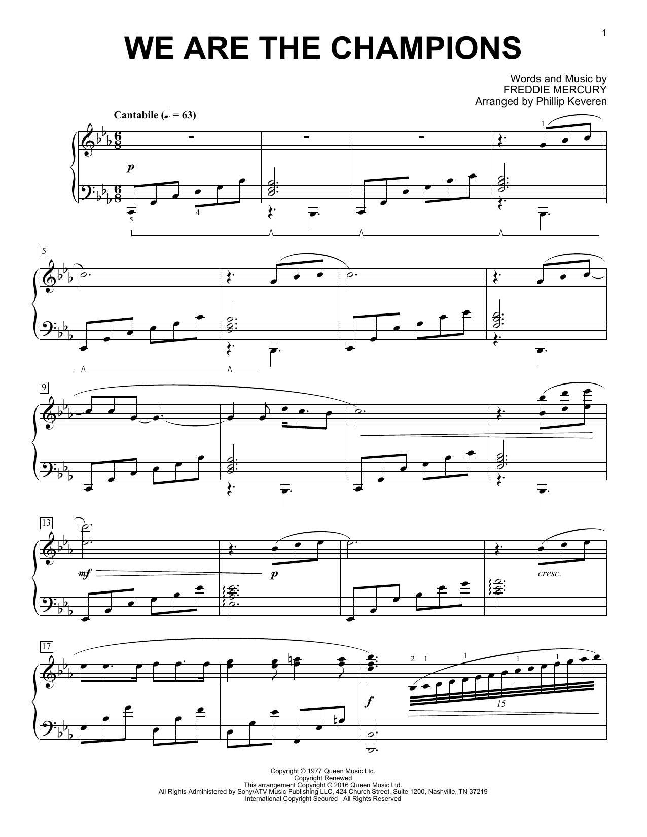 Queen We Are The Champions [Classical version] (arr. Phillip Keveren) Sheet Music Notes & Chords for Piano - Download or Print PDF