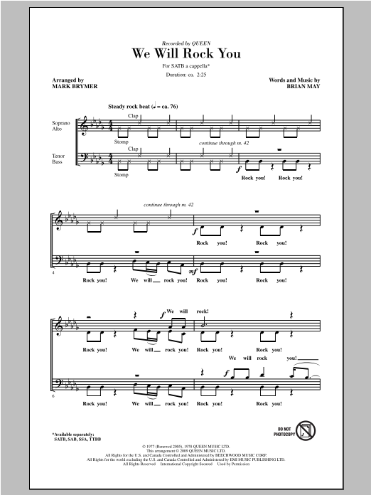 Queen We Will Rock You (arr. Mark Brymer) Sheet Music Notes & Chords for TTBB - Download or Print PDF