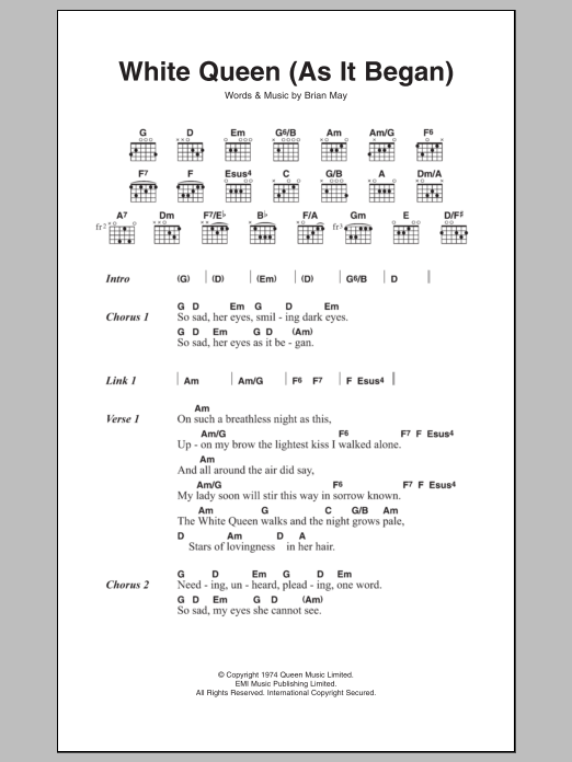 Queen White Queen (As It Began) Sheet Music Notes & Chords for Lyrics & Chords - Download or Print PDF
