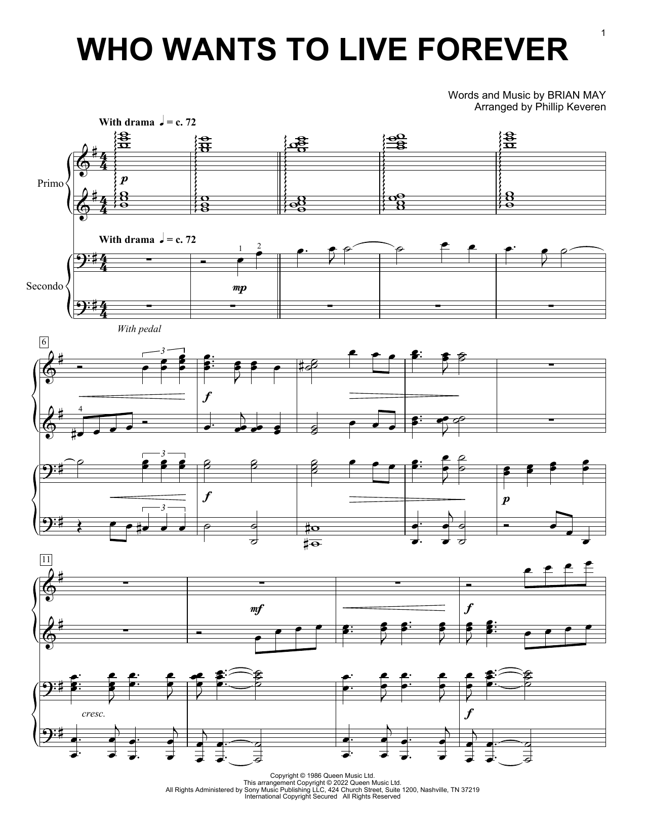 Queen Who Wants To Live Forever (arr. Phillip Keveren) Sheet Music Notes & Chords for Piano Duet - Download or Print PDF