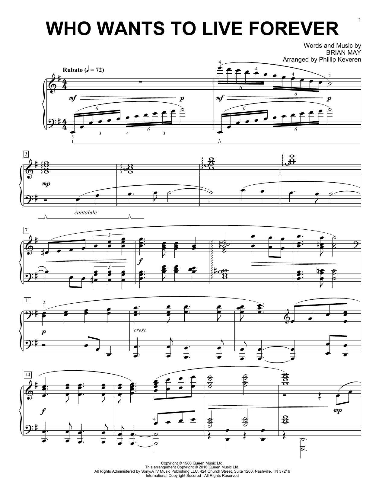 Queen Who Wants To Live Forever [Classical version] (arr. Phillip Keveren) Sheet Music Notes & Chords for Piano - Download or Print PDF