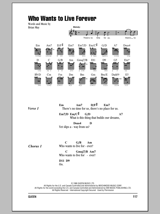 Queen Who Wants To Live Forever Sheet Music Notes & Chords for Piano, Vocal & Guitar (Right-Hand Melody) - Download or Print PDF